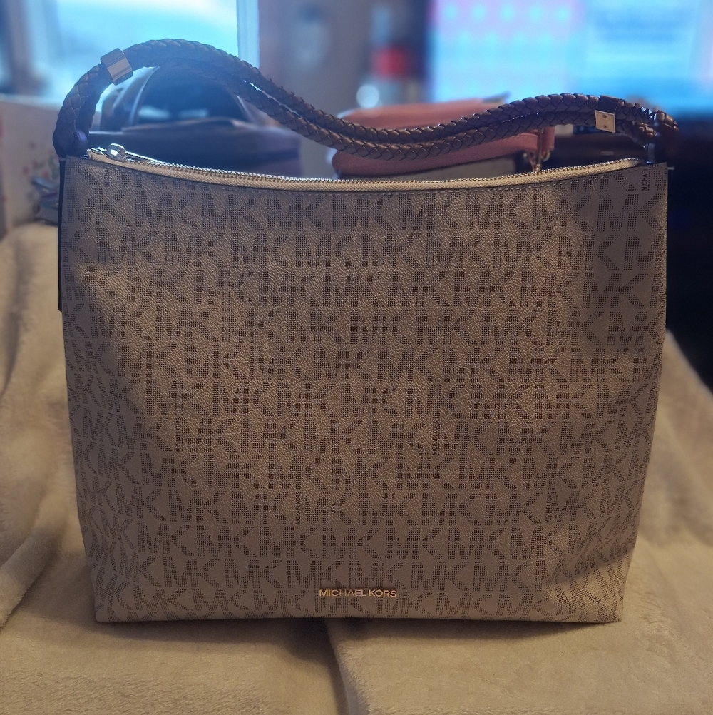 Michael Kors Beige Taupe MK Logo Shoulder Bag